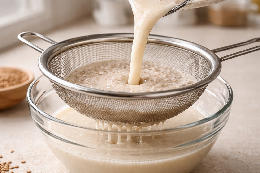 flax milk being strained and poured into a bowl
