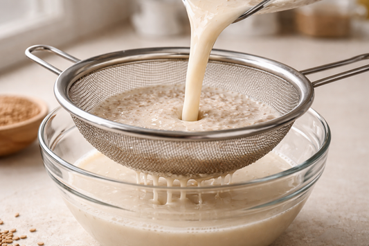 flax milk being strained and poured into a bowl