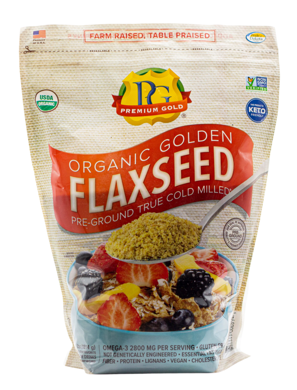 Two packages of Premium Gold Organic Golden Flaxseed with different designs on a white background