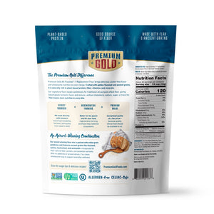 The back of a blue and white pouch of Premium Gold Brand gluten free all purpose flour