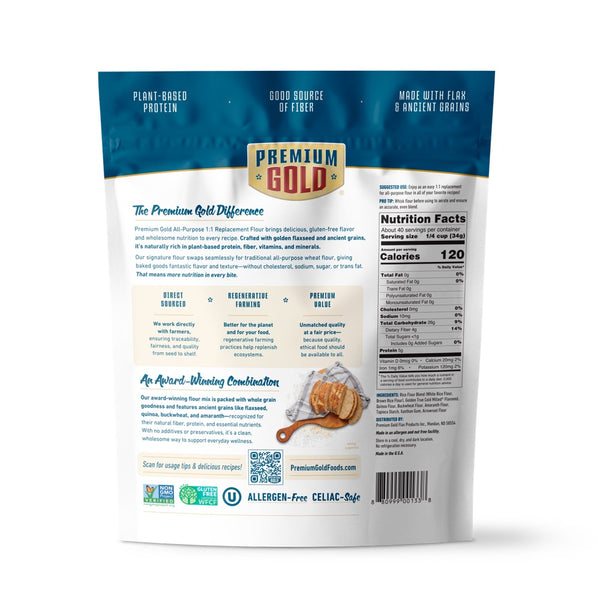 The back of a blue and white pouch of Premium Gold Brand gluten free all purpose flour