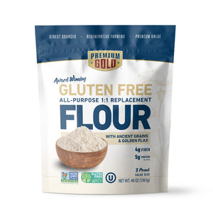 A blue and white pouch of Premium Gold Brand gluten free all purpose flour