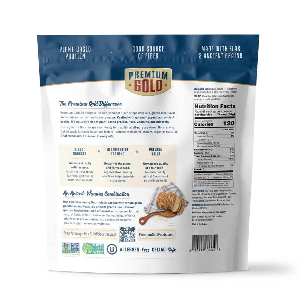Two pouches of Premium Gold Brand gluten free flour, one with old design and one with new and a "new look" icon