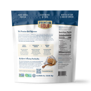 The back of a blue and white pouch of Premium Gold Brand gluten free all purpose flour