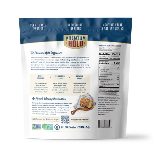 The back of a blue and white pouch of Premium Gold Brand gluten free all purpose flour