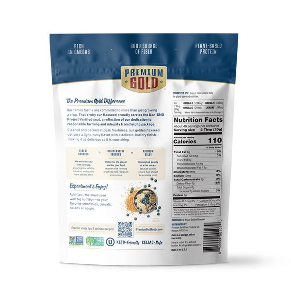 The back of a blue and white pouch of whole Premium Gold Brand flax