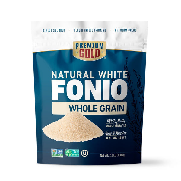 A blue and white pouch of Premium Gold Brand natural white fonio