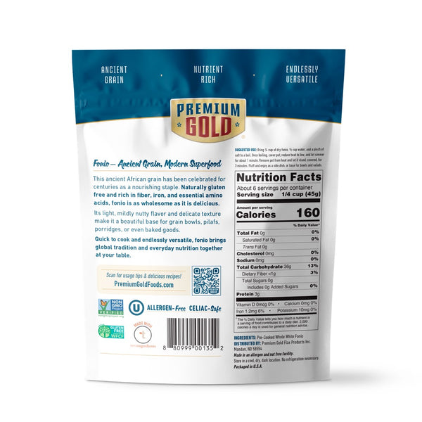 The back of a blue and white pouch of Premium Gold Brand whole white fonio