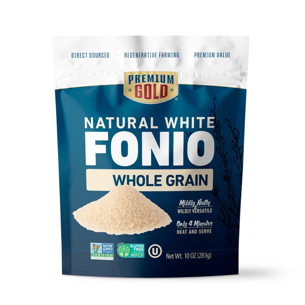 A blue and white pouch of Premium Gold Brand natural white fonio