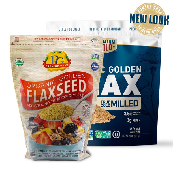 Two packages of Premium Gold Organic Golden Flaxseed with different designs on a white background