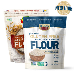 Two pouches of Premium Gold Brand gluten free flour, one with old design and one with new and a "new look" icon