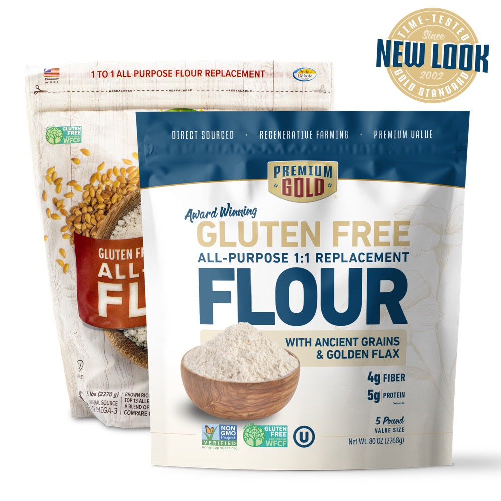 Two pouches of Premium Gold Brand gluten free flour, one with old design and one with new and a "new look" icon