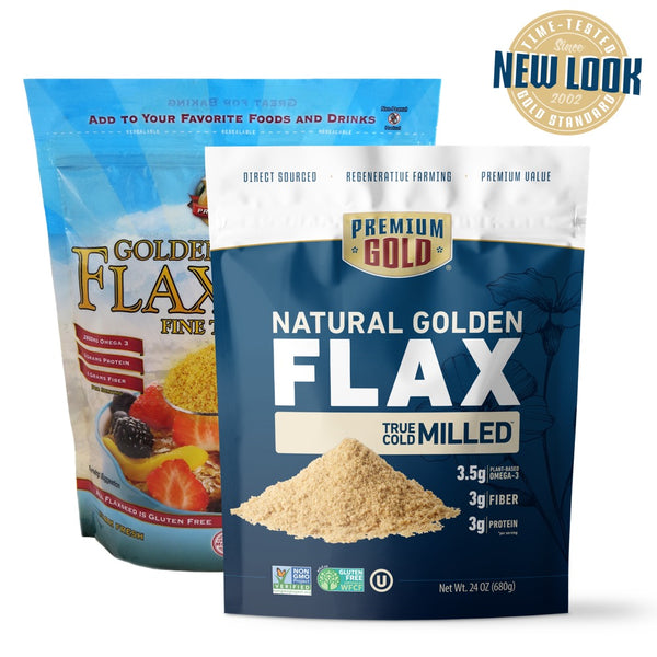 Two pouches of Premium Gold Brand golden milled flax, one with old design and one with new and a "new look" icon