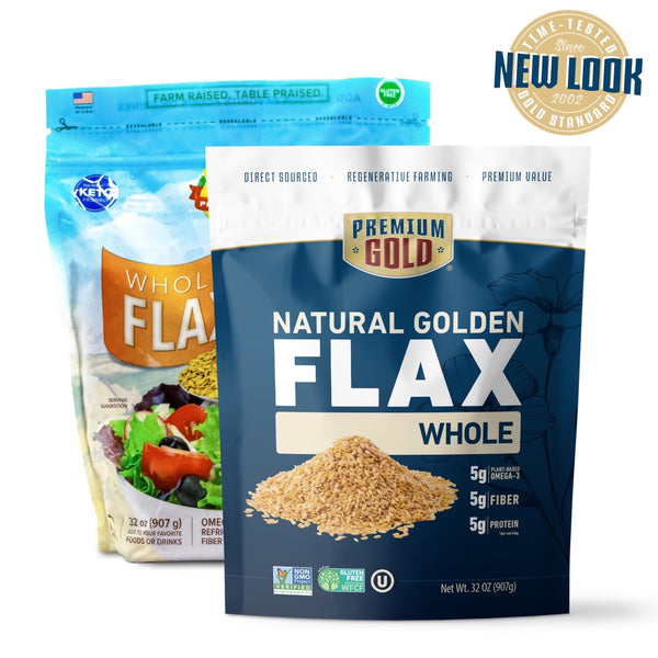 Two pouches of Premium Gold Brand organic golden whole flax, one with old design and one with new and a "new look" icon