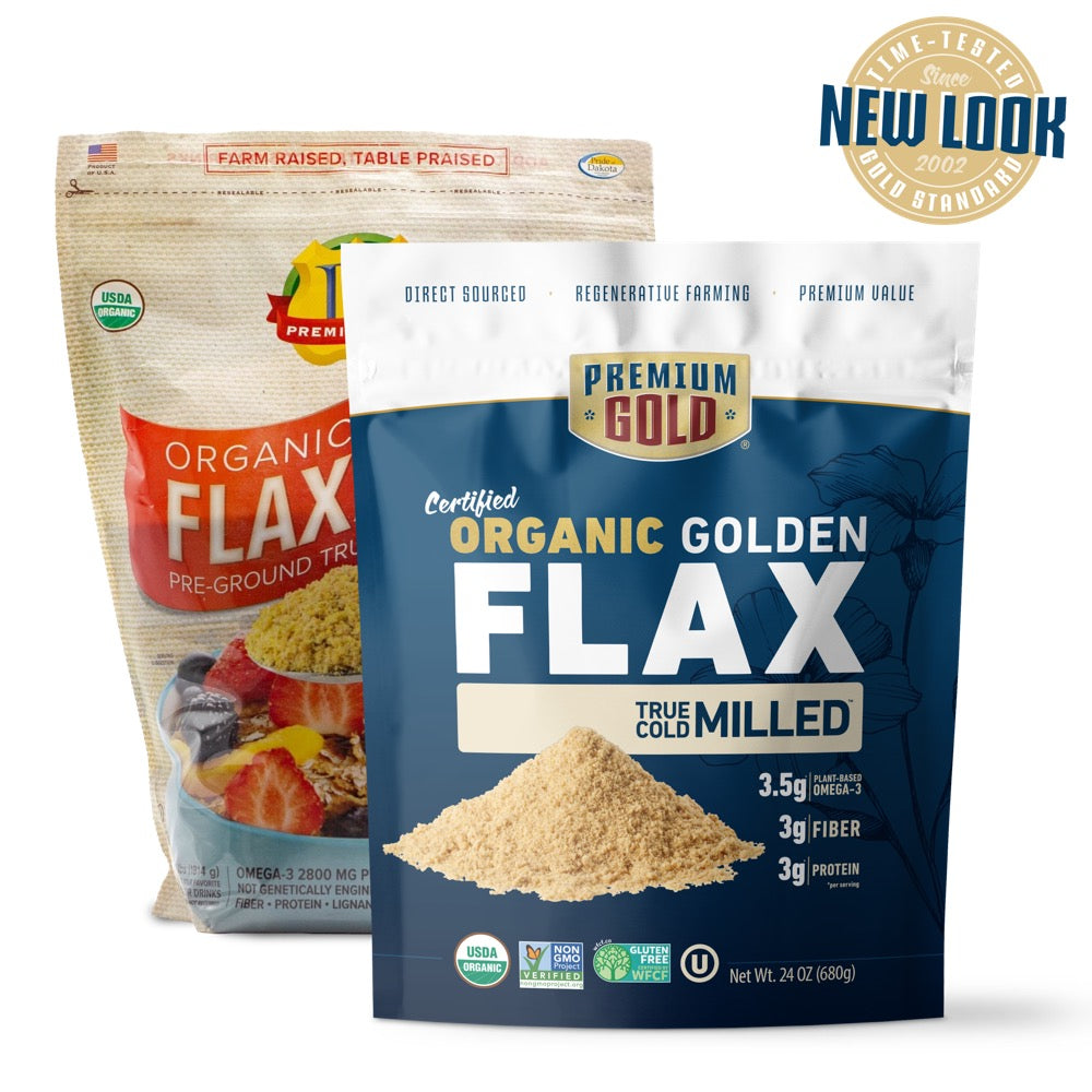 Two pouches of Premium Gold Brand organic golden milled flax, one with old design and one with new and a "new look" icon