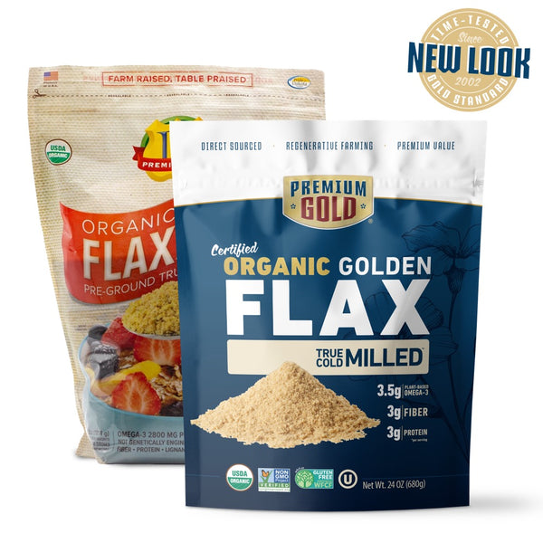 Two pouches of Premium Gold Brand organic golden milled flax, one with old design and one with new and a "new look" icon