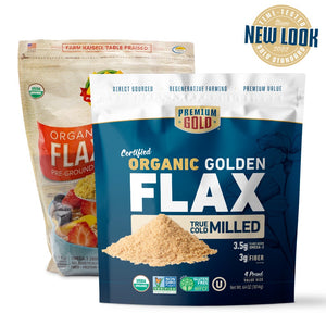 Two pouches of Premium Gold Brand organic golden flax, one with old design and one with new and a "new look" icon