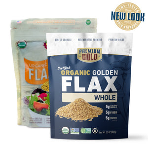 Two pouches of Premium Gold Brand organic golden whole flax, one with old design and one with new and a "new look" icon