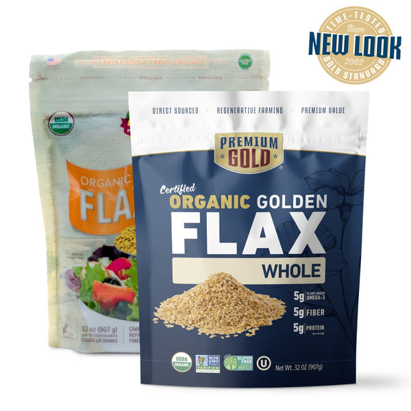 Two pouches of Premium Gold Brand organic golden whole flax, one with old design and one with new and a "new look" icon