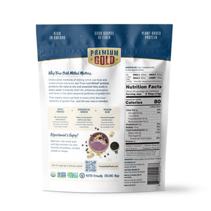 Back view of a Premium Gold flax product packaging with nutritional information and branding details.