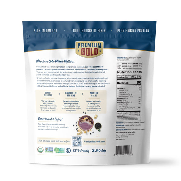 The back of a blue and white pouch of true cold milled organic Premium Gold Brand flax
